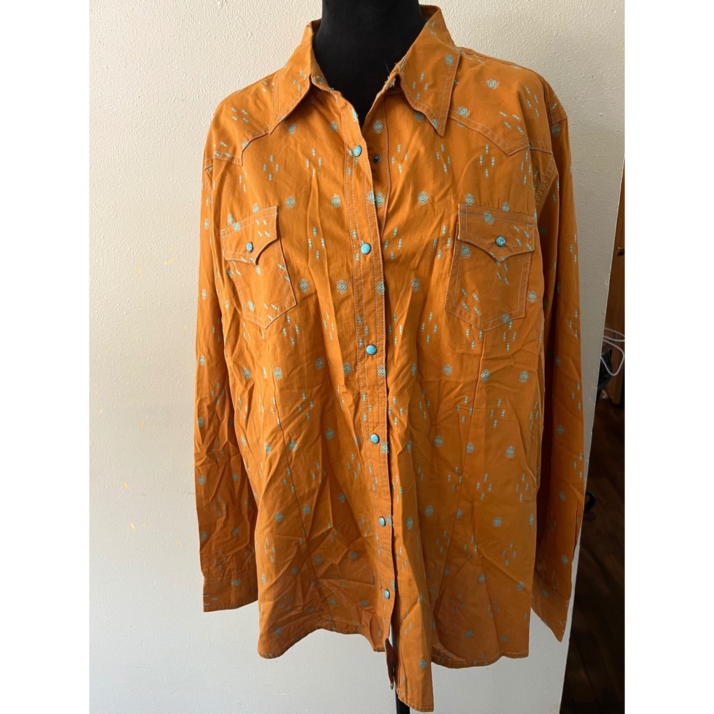 WRANGLER Western Snap Shirt Southwest Print Women XXL Orange Turquoise Cowgirl